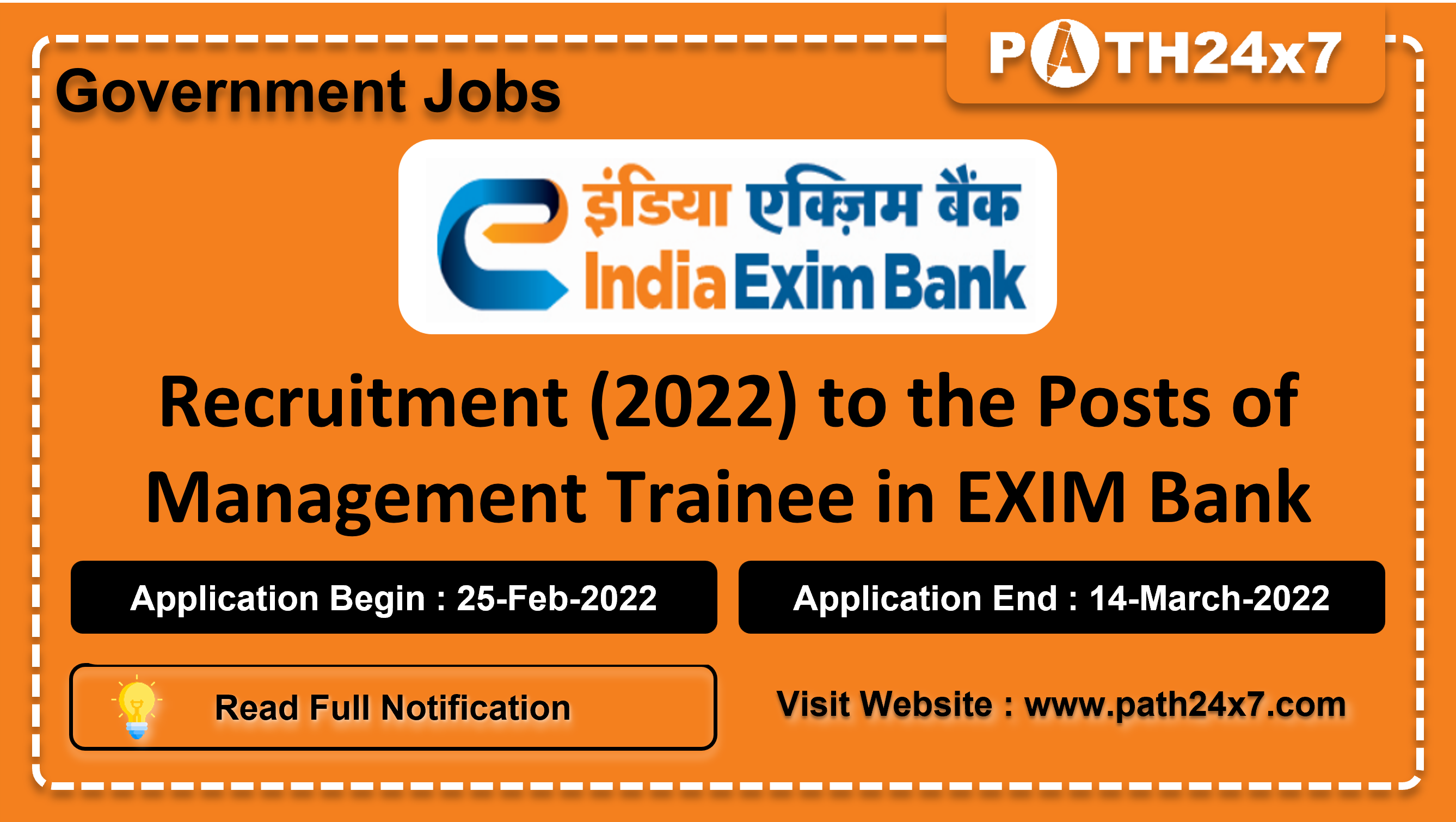 Recruitment (2022) to the Posts of Management Trainee in EXIM Bank, No. of Vacancies - 25, Important Dates, Application Fees, Age Limit, Educational Criteria, Physical Criteria, Vacancy Details, How to Apply By Online | Export-Import Bank of India